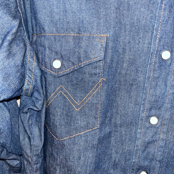 VINTAGE 60s WRANGLER PRE-SHRUNK PEARL SNAP EX LONG TAILS DENIM SHIRT 16.5" X 35" - Picture 3 of 15